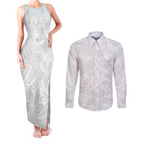 Polynesia White Sunday Couples Matching Tank Maxi Dress and Long Sleeve Button Shirts Polynesian Pattern With Tropical Flowers - Wonder Print Shop