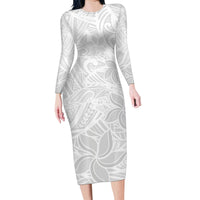 Polynesia White Sunday Family Matching Long Sleeve Bodycon Dress and Hawaiian Shirt Polynesian Pattern With Tropical Flowers - Wonder Print Shop