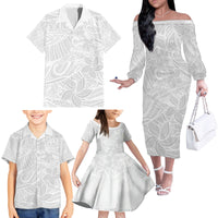 Polynesia White Sunday Family Matching Off Shoulder Long Sleeve Dress and Hawaiian Shirt Polynesian Pattern With Tropical Flowers - Wonder Print Shop