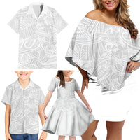 Polynesia White Sunday Family Matching Off Shoulder Short Dress and Hawaiian Shirt Polynesian Pattern With Tropical Flowers - Wonder Print Shop