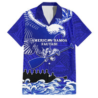 Blue Hawaiian shirt with eagle, American Samoa Fautasi text, Polynesian pattern, short sleeves