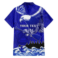 Blue Hawaiian shirt back with eagle and 'Your Text', Polynesian pattern, short sleeves