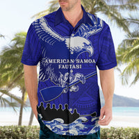 Blue Hawaiian shirt with eagle and American Samoa Fautasi text, short sleeves