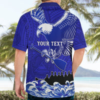 Blue Hawaiian shirt back with eagle, 'Your Text', Polynesian pattern, short sleeves