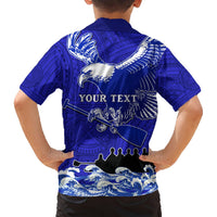 Blue Hawaiian shirt for kids back with eagle, 'Your Text', Polynesian pattern, short sleeves