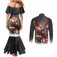Christmas Canada Couples Matching Mermaid Dress and Long Sleeve Button Shirt Merry Moose-Mas Santa Hugging A Moose