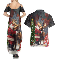 Christmas Canada Couples Matching Summer Maxi Dress and Hawaiian Shirt Merry Moose-Mas Santa Hugging A Moose - Wonder Print Shop