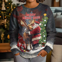 Christmas Canada Kid Ugly Christmas Sweater Merry Moose-Mas Santa Hugging A Moose - Wonder Print Shop