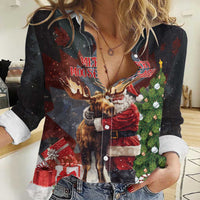 Christmas Canada Women Casual Shirt Merry Moose-Mas Santa Hugging A Moose - Wonder Print Shop