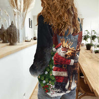 Christmas Canada Women Casual Shirt Merry Moose-Mas Santa Hugging A Moose - Wonder Print Shop