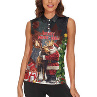 Christmas Canada Women Sleeveless Polo Shirt Merry Moose-Mas Santa Hugging A Moose - Wonder Print Shop