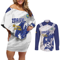 Bosnia and Herzegovina Football Custom Couples Matching Off Shoulder Short Dress and Long Sleeve Button Shirt Go Zmajevi Mi smo uz vas White Version - Wonder Print Shop