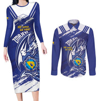 Bosnia and Herzegovina Football Custom Couples Matching Long Sleeve Bodycon Dress and Long Sleeve Button Shirt Go Zmajevi Mi smo uz vas Blue Version - Wonder Print Shop