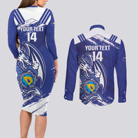 Bosnia and Herzegovina Football Custom Couples Matching Long Sleeve Bodycon Dress and Long Sleeve Button Shirt Go Zmajevi Mi smo uz vas Blue Version - Wonder Print Shop