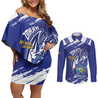Bosnia and Herzegovina Football Custom Couples Matching Off Shoulder Short Dress and Long Sleeve Button Shirt Go Zmajevi Mi smo uz vas Blue Version - Wonder Print Shop