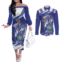 Bosnia and Herzegovina Football Custom Couples Matching Off The Shoulder Long Sleeve Dress and Long Sleeve Button Shirt Go Zmajevi Mi smo uz vas Blue Version - Wonder Print Shop