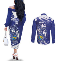 Bosnia and Herzegovina Football Custom Couples Matching Off The Shoulder Long Sleeve Dress and Long Sleeve Button Shirt Go Zmajevi Mi smo uz vas Blue Version - Wonder Print Shop