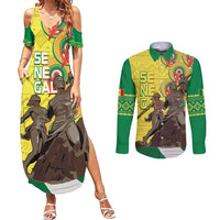 Senegal African Renaissance Monument Couples Matching Summer Maxi Dress and Long Sleeve Button Shirt Ankara Pattern
