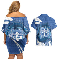 Greece Independence Day Couples Matching Off Shoulder Short Dress and Hawaiian Shirt Greek Pattern With Dolphins
