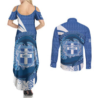 Greece Independence Day Couples Matching Summer Maxi Dress and Long Sleeve Button Shirt Greek Pattern With Dolphins