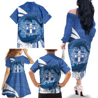 Greece Independence Day Family Matching Off The Shoulder Long Sleeve Dress and Hawaiian Shirt Greek Pattern With Dolphins