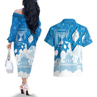 Israel Independence Day Couples Matching Off The Shoulder Long Sleeve Dress and Hawaiian Shirt Yom Ha'atzmaut Star Of David Jewish Pattern
