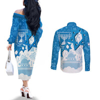 Israel Independence Day Couples Matching Off The Shoulder Long Sleeve Dress and Long Sleeve Button Shirt Yom Ha'atzmaut Star Of David Jewish Pattern
