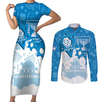 Israel Independence Day Couples Matching Short Sleeve Bodycon Dress and Long Sleeve Button Shirt Yom Ha'atzmaut Star Of David Jewish Pattern