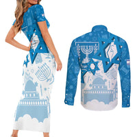 Israel Independence Day Couples Matching Short Sleeve Bodycon Dress and Long Sleeve Button Shirt Yom Ha'atzmaut Star Of David Jewish Pattern