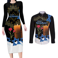 Israel Memorial Day Couples Matching Long Sleeve Bodycon Dress and Long Sleeve Button Shirt Red Everlasting Flower With Candle Light
