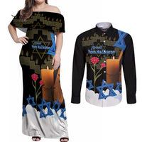 Israel Memorial Day Couples Matching Off Shoulder Maxi Dress and Long Sleeve Button Shirt Red Everlasting Flower With Candle Light