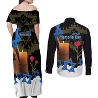 Israel Memorial Day Couples Matching Off Shoulder Maxi Dress and Long Sleeve Button Shirt Red Everlasting Flower With Candle Light