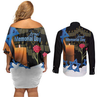 Israel Memorial Day Couples Matching Off Shoulder Short Dress and Long Sleeve Button Shirt Red Everlasting Flower With Candle Light
