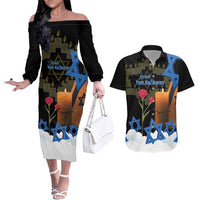 Israel Memorial Day Couples Matching Off The Shoulder Long Sleeve Dress and Hawaiian Shirt Red Everlasting Flower With Candle Light
