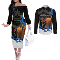 Israel Memorial Day Couples Matching Off The Shoulder Long Sleeve Dress and Long Sleeve Button Shirt Red Everlasting Flower With Candle Light
