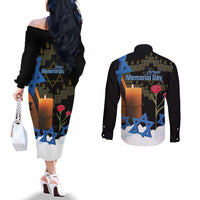 Israel Memorial Day Couples Matching Off The Shoulder Long Sleeve Dress and Long Sleeve Button Shirt Red Everlasting Flower With Candle Light