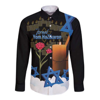 Israel Memorial Day Long Sleeve Button Shirt Red Everlasting Flower With Candle Light