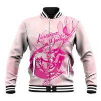 Personalized Louisiana Horse Racing Derby Baseball Jacket Magnolia Blossom Horseshoe Pastel Pink