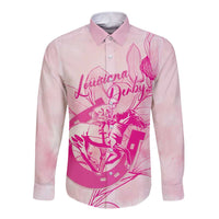 Personalized Louisiana Horse Racing Derby Long Sleeve Button Shirt Magnolia Blossom Horseshoe Pastel Pink