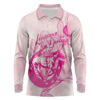 Personalized Louisiana Horse Racing Derby Long Sleeve Polo Shirt Magnolia Blossom Horseshoe Pastel Pink