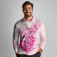 Personalized Louisiana Horse Racing Derby Long Sleeve Polo Shirt Magnolia Blossom Horseshoe Pastel Pink