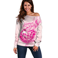 Personalized Louisiana Horse Racing Derby Off Shoulder Sweater Magnolia Blossom Horseshoe Pastel Pink