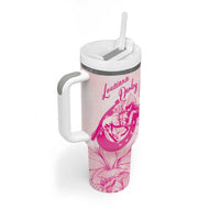 Personalized Louisiana Horse Racing Derby Tumbler With Handle Magnolia Blossom Horseshoe Pastel Pink