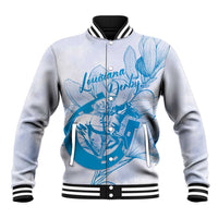 Personalized Louisiana Horse Racing Derby Baseball Jacket Magnolia Blossom Horseshoe Pastel Blue