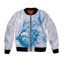 Personalized Louisiana Horse Racing Derby Bomber Jacket Magnolia Blossom Horseshoe Pastel Blue