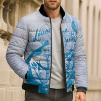 Personalized Louisiana Horse Racing Derby Bomber Puffer Jacket Magnolia Blossom Horseshoe Pastel Blue