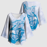 Personalized Louisiana Horse Racing Derby Kimono Sleeve Blouse Magnolia Blossom Horseshoe Pastel Blue