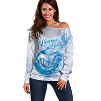 Personalized Louisiana Horse Racing Derby Off Shoulder Sweater Magnolia Blossom Horseshoe Pastel Blue