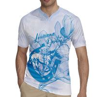 Personalized Louisiana Horse Racing Derby Rugby Jersey Magnolia Blossom Horseshoe Pastel Blue
