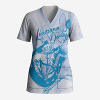 Personalized Louisiana Horse Racing Derby Scrub Top Magnolia Blossom Horseshoe Pastel Blue